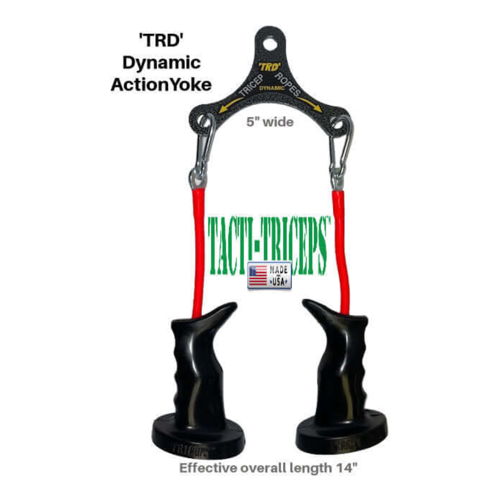 The TRD 'Dynamic Action' Yoke Triceps Attachment stands out among cable machine handles, with red cables and black grips. Measuring 14x5 inches, it features the Made in USA logo and offers reliable PULL FORCE for workout routines.
