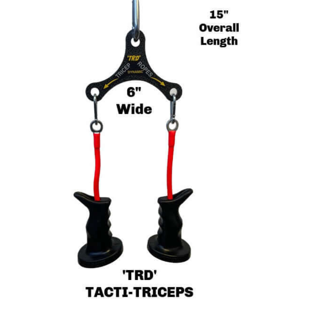 The TRD 'Dynamic Action' Yoke Triceps Attachment Gym Handles boast ergonomic grips, measuring 6" wide and 15" long, ideal for cable machine attachments and seamlessly compatible with TRD Dynamic Action Yoke systems for optimal workout efficiency.
