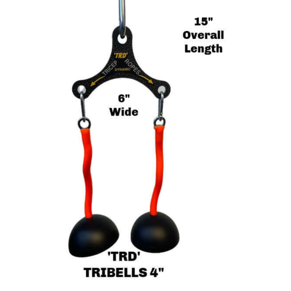 The TRD 'Dynamic Action' Yoke Triceps Attachment Gym Handles, from the Cable Machine Attachments lineup, have a 4" design with a 15" length and 6" width. They feature PULL FORCE handles with two red flexible straps and black spheres for enhanced grip in dynamic workouts.