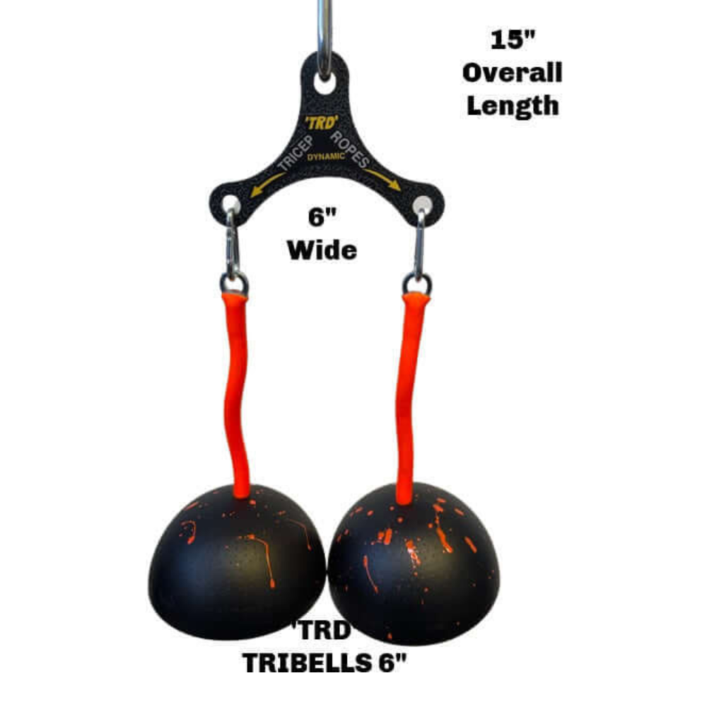Two black TRD 'Dynamic Action' Yoke Triceps Attachment Gym Handles with orange specks, hanging like PULL FORCE handles, are labeled with dimensions: 15" length, 6" wide, Tribells 6".