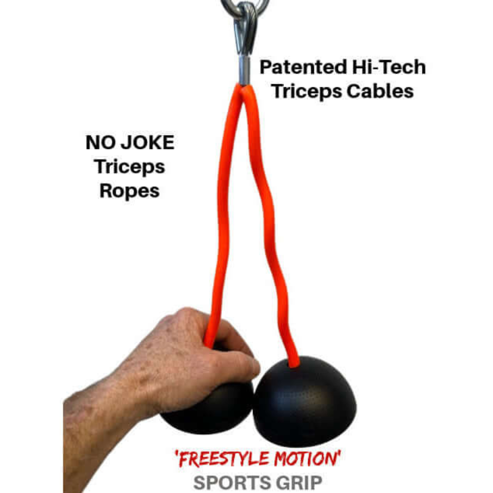 A hand confidently clasps the TRIBELLS 4" 'Double' Tricep Workout with Cables Gym Handles, featuring patented hi-tech orange ropes and sleek black domes for optimal performance.