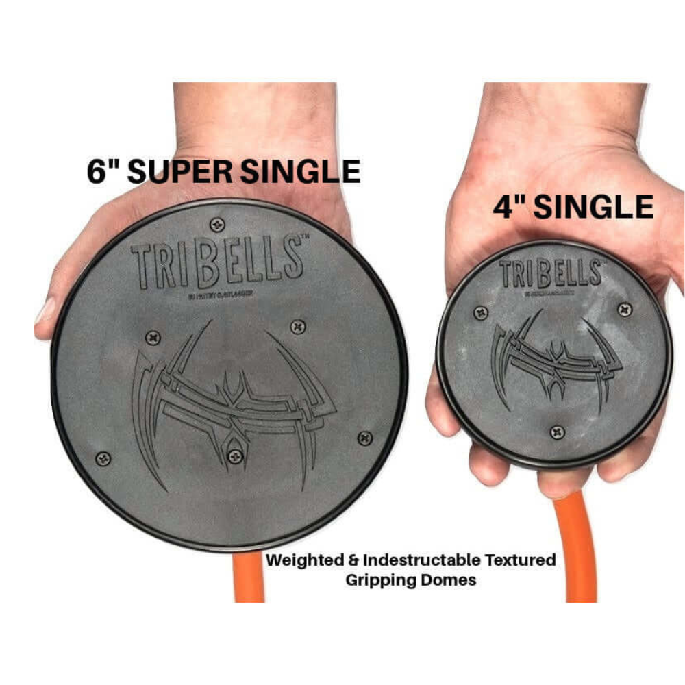 Two hands holding TRIBELLS 4" 'Double' Gym Handles with orange attachment, ideal for triceps workouts, featuring 6" Super Single and 4" Single gripping domes.