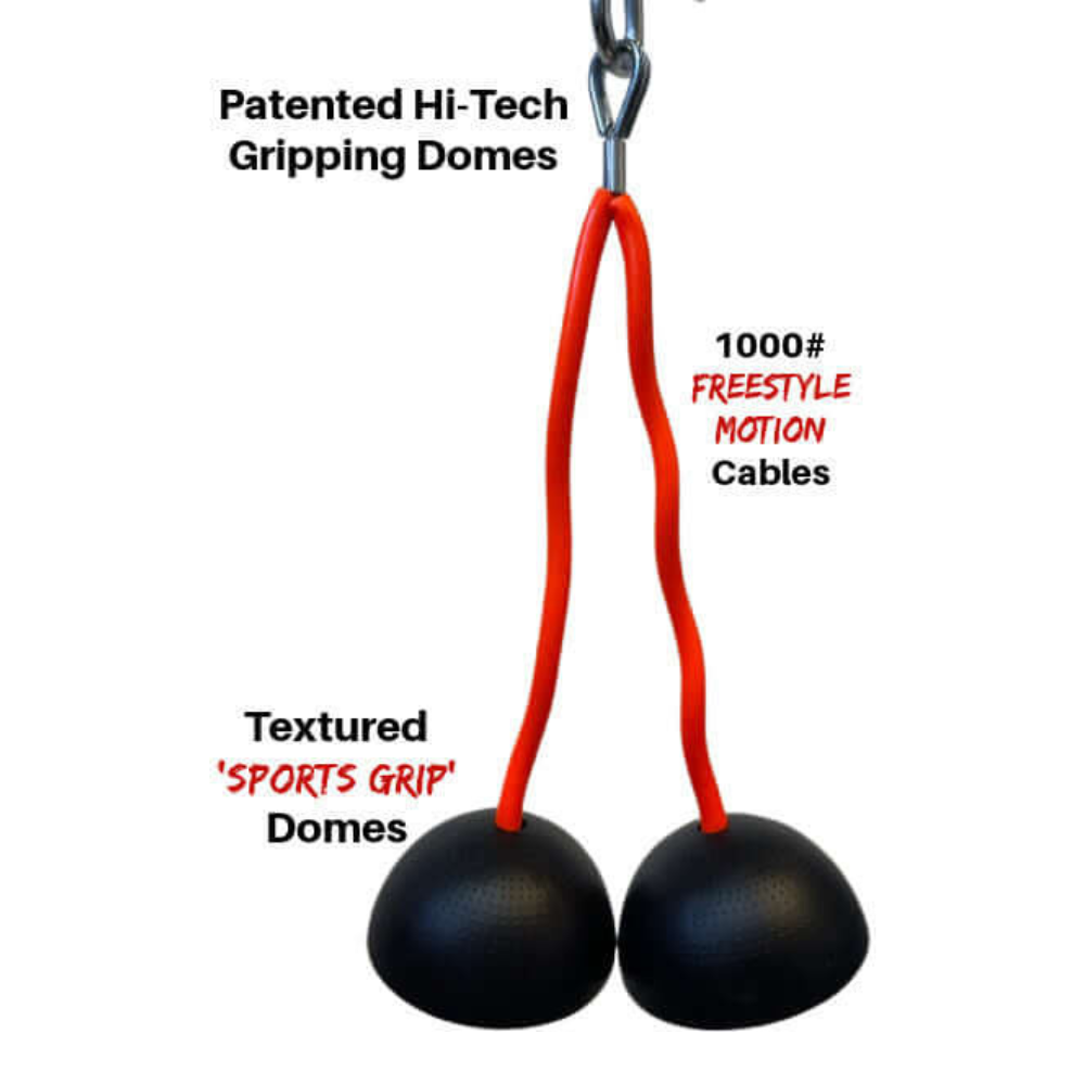 TRIBELLS 4" 'Double' Tricep Workout includes gripping domes with red cables for freestyle motion and a sports grip, attached to a metal hook.