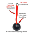 The TRIBELLS 4" 'Hi-Tech' Cable Tricep Attachment features a red tricep rope with a black textured gripping dome and patented palm grip, perfect for boosting performance and comfort during cable machine tension workouts.