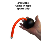 A hand holds the TRIBELLS 4" 'Hi-Tech' Cable Tricep Attachment, featuring an orange curved handle, ideal for boosting cable machine tension in workouts.