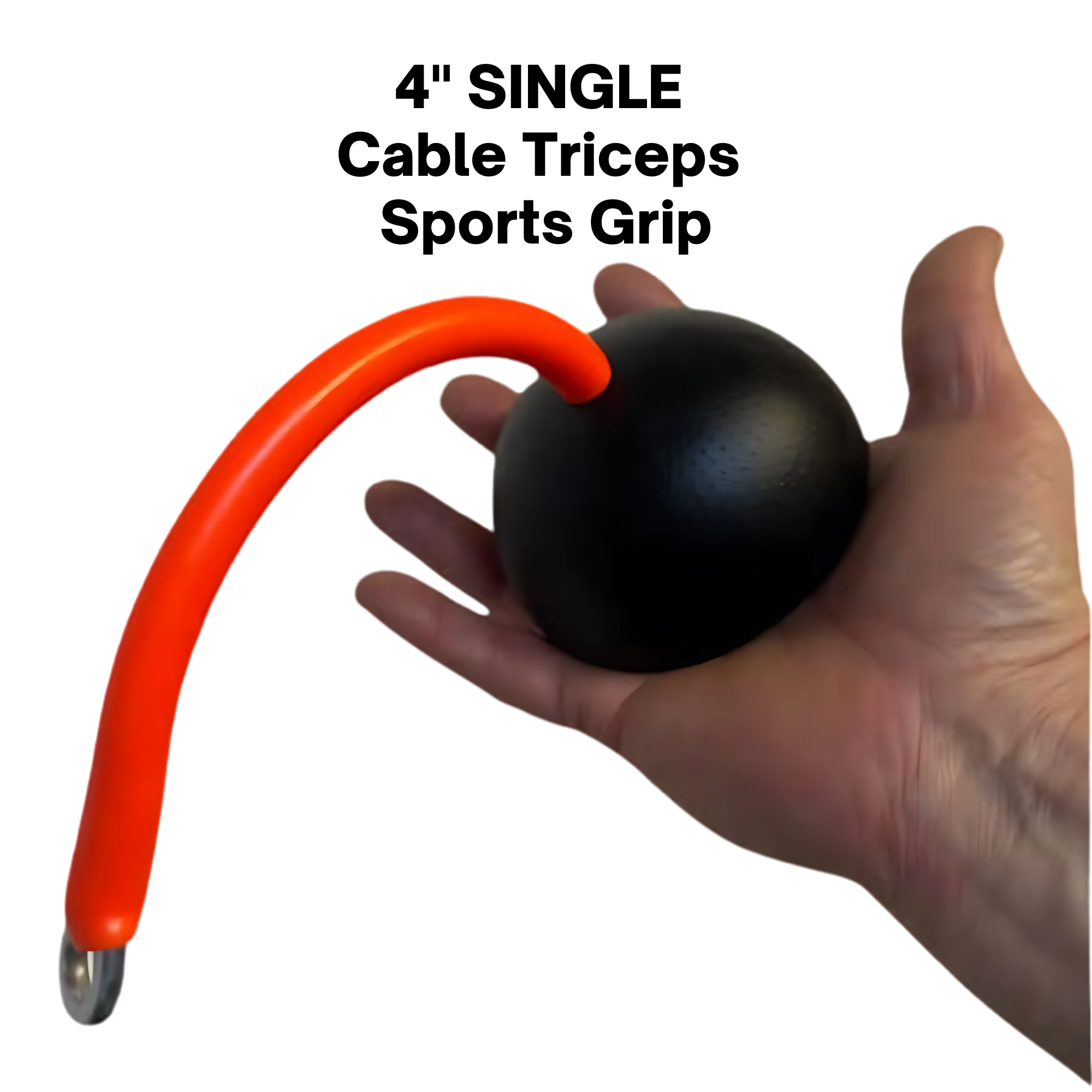 A hand holds the TRIBELLS 4" 'Hi-Tech' Cable Tricep Attachment Tricep Rope, featuring a black ball with a curved, flexible orange tube—ideal as a cable machine accessory for triceps workouts.