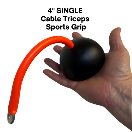 A hand holds the TRIBELLS 4" 'Hi-Tech' Cable Tricep Attachment Tricep Rope, featuring a black ball with a curved, flexible orange tube—ideal as a cable machine accessory for triceps workouts.