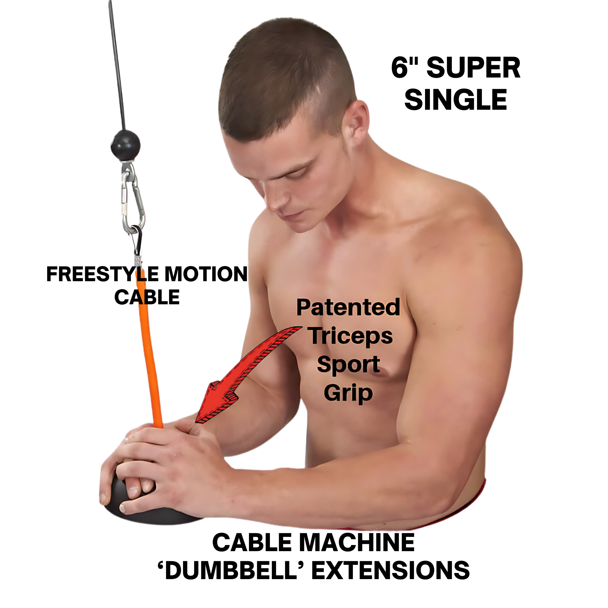 Shirtless man using the TRIBELLS 6" Palms Grip Tricep attachment on a cable machine, with a red arrow highlighting its hygienic grip design. "TRIBELLS destroys dumbbells!.
