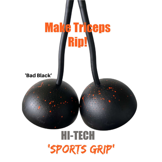 Enhance your tricep workouts with two TRIBELLS 6" black sports grip balls featuring orange specks. Perfect for dumbbell skull crushers or complementing cable machine exercises.