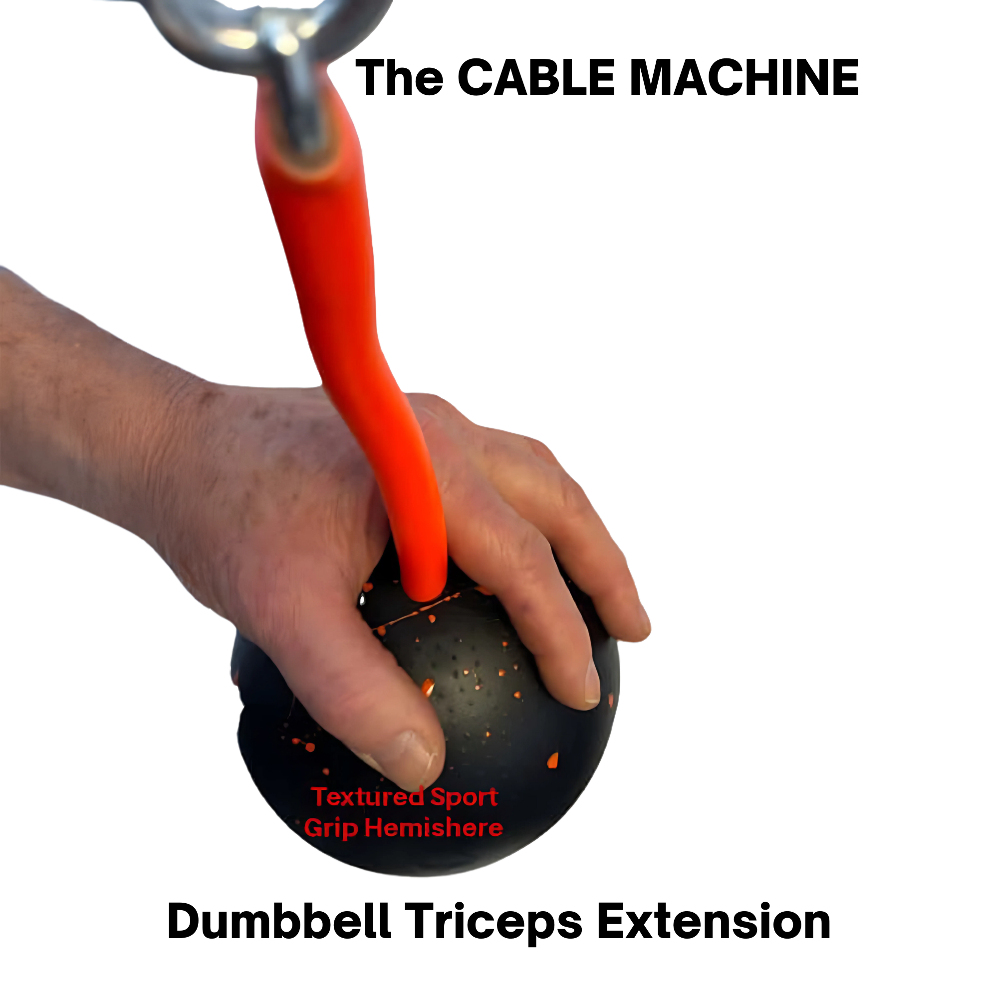 Hand gripping the TRIBELLS 6" Palms Grip Tricep attachment, featuring a black textured ball with an orange handle, designed for hygienic use and perfect for tricep extensions—destroys dumbbells!.