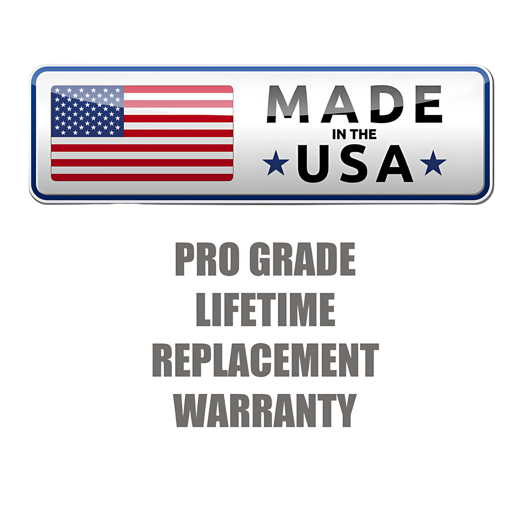 A "Made in the USA" sign with an American flag and text: TRIBELLS 6" Palms Grip Tricep attachment destroys dumbbells! Includes Pro-Grade Lifetime Replacement Warranty. Hygienic design ensures safe, reliable cable machine tension each workout.
