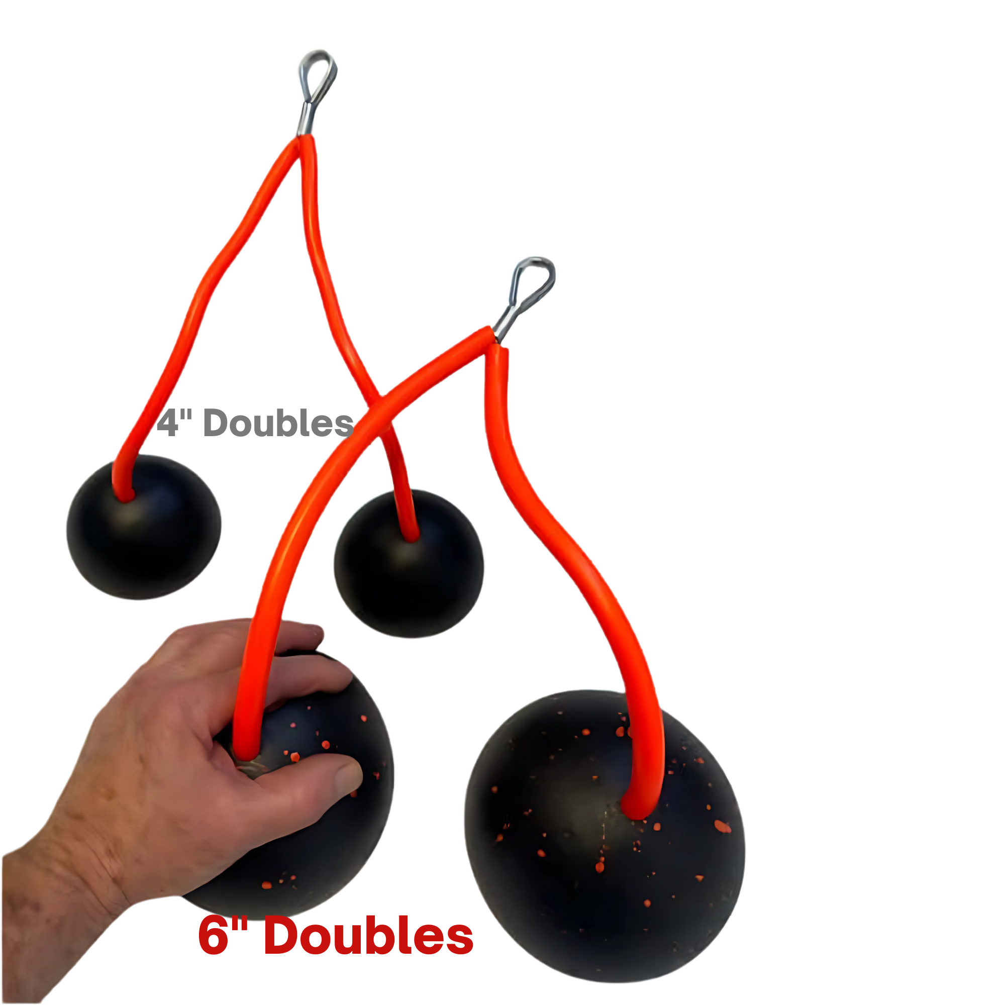 A hand holds the TRIBELLS 6" Palms Grip Tricep attachment, with 4" doubles visible behind; all feature red ropes, black balls, and a hygienic design—perfect for workouts that outdo dumbbells!.
