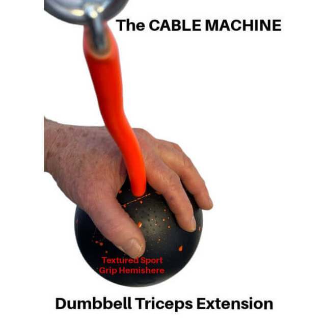 A hand grips a red-handled, weighted ball labeled "TRIBELLS 6\" Palms Grip," ideal for enhancing tricep exercises like the dumbbell skull crusher.