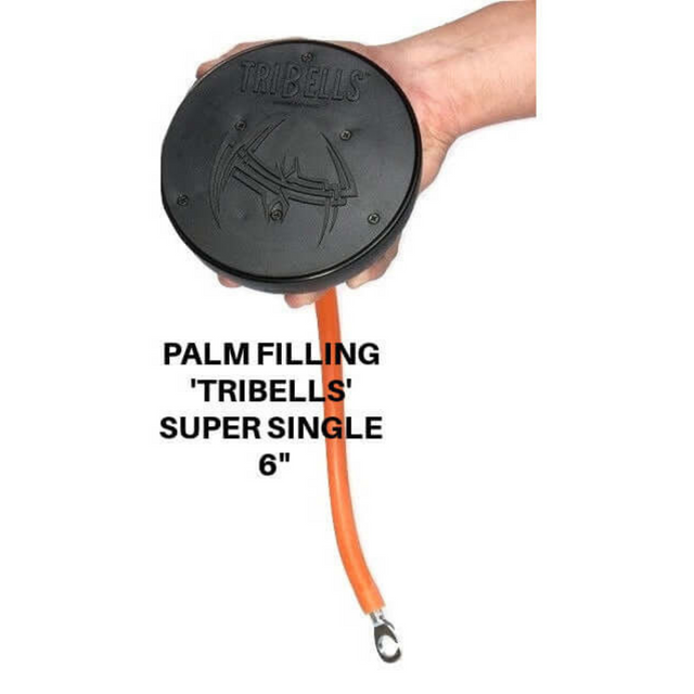 Hand holds a round black "TRIBELLS 6" Palms Grip Tricep attachment," featuring an orange strap, ideal for tricep drills like skull crushers.