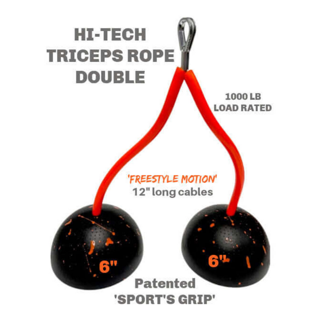 The TRIBELLS 6" Palms Grip Tricep attachment with handles and red cables is designed for cable machine tricep exercises. Its 1000 lb load rating supports freestyle motions, enhancing your workout while outperforming dumbbells!.