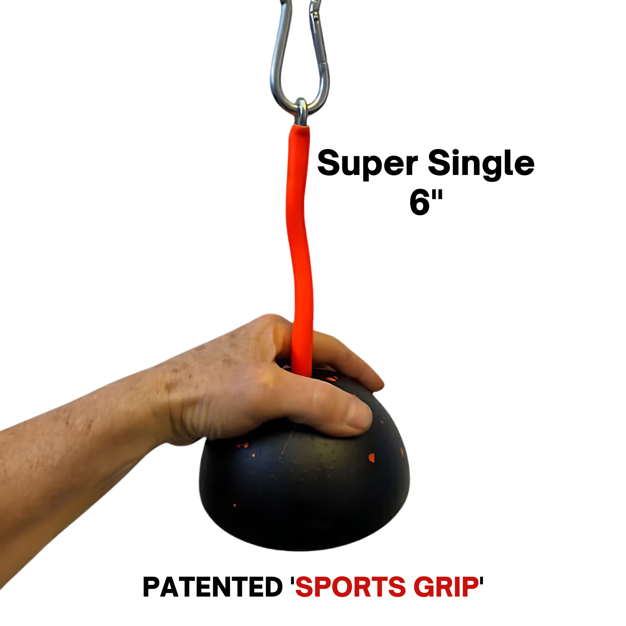 Hand gripping the TRIBELLS 6" Palms Grip Tricep attachment with a red strap and metal clip, designed for cable machine tension; text reads "SPORTS GRIP." This attachment destroys dumbbells!.