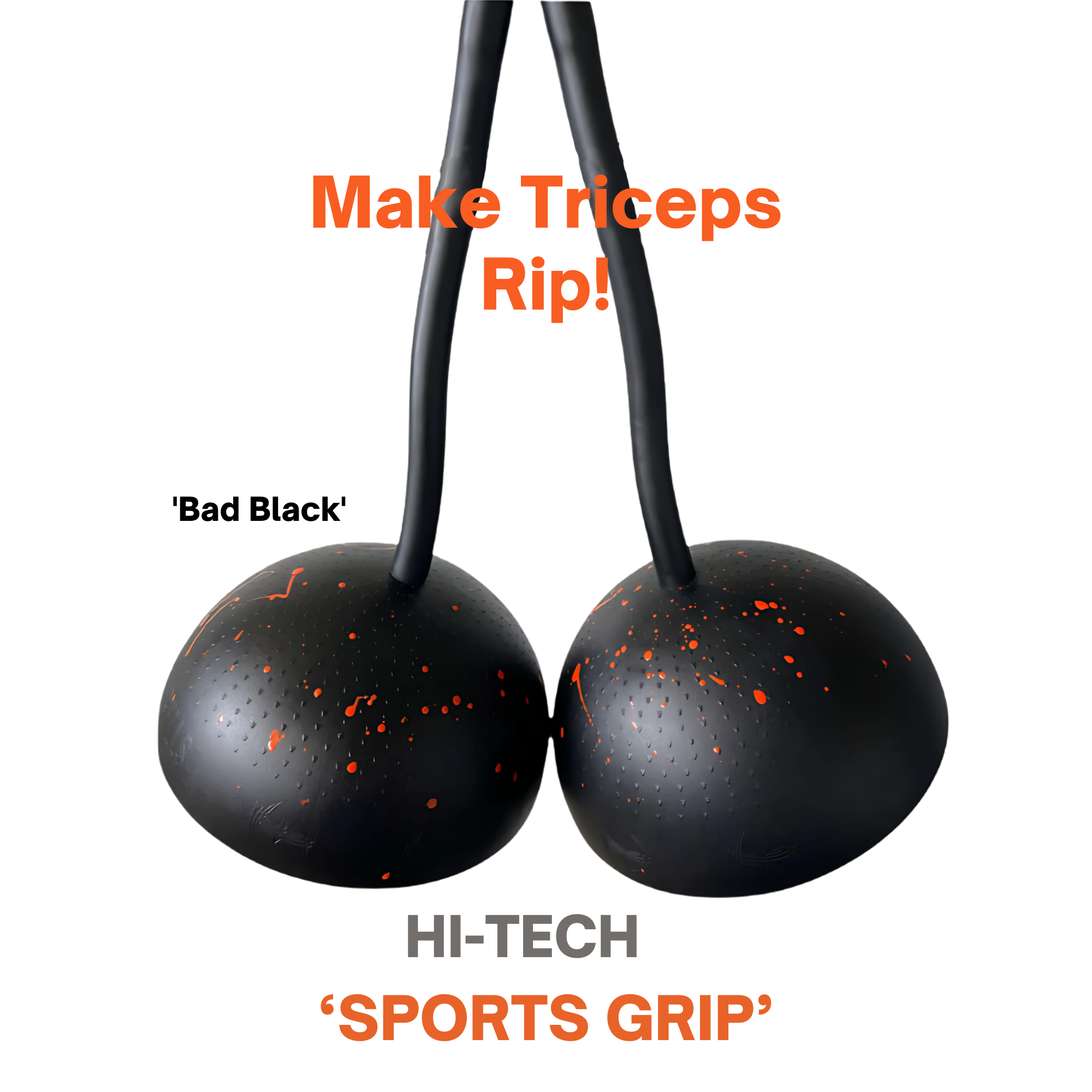 A pair of TRIBELLS 6" Palms Grip Tricep attachments, black with orange speckles and “Make Triceps Rip! HI-TECH 'SPORTS GRIP'” text—ideal for intense, hygienic tricep cable workouts that destroy dumbbells!.