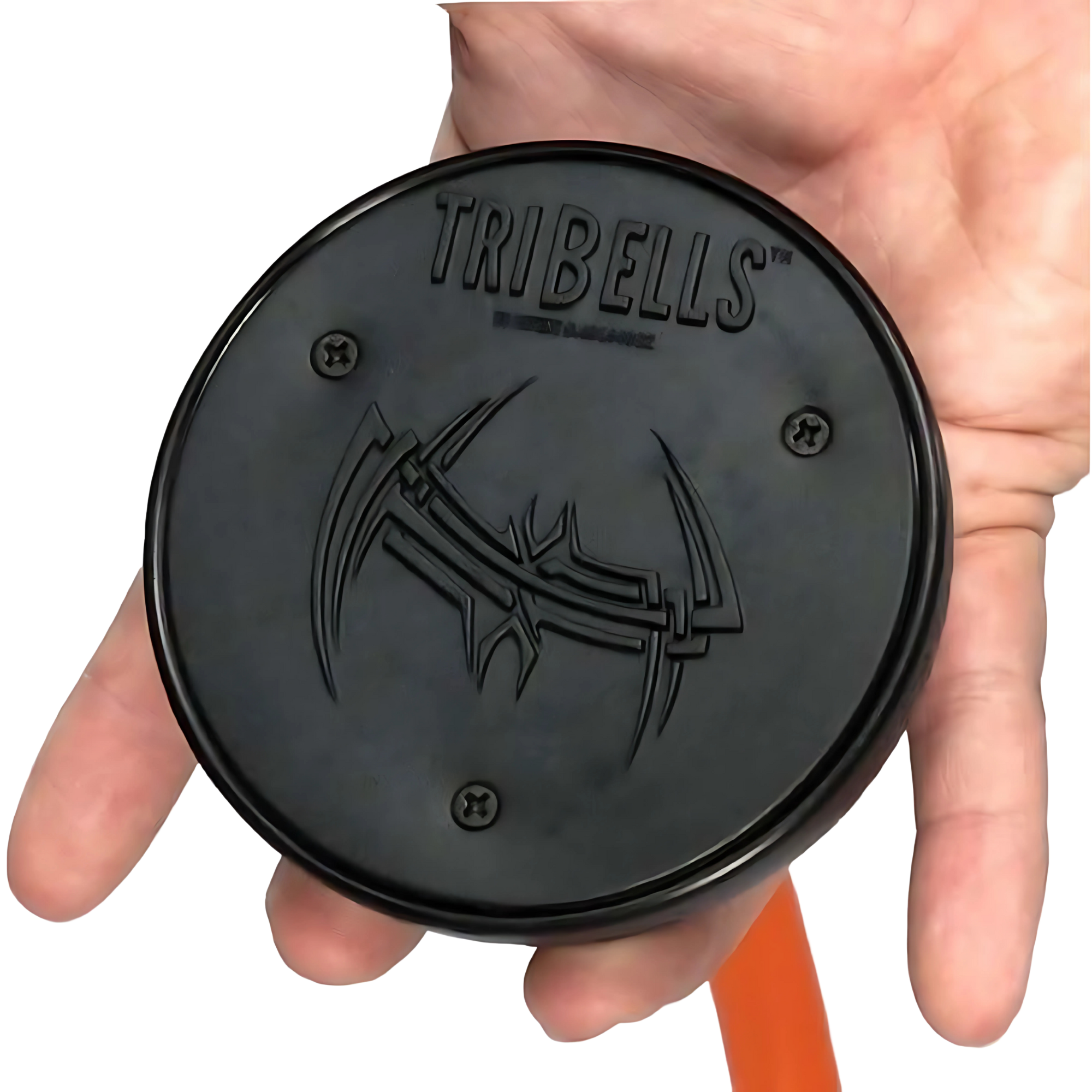 A hand holds the TRIBELLS 'Double Live' Cable Tricep Attachment Grip Domes, featuring a tribal design—ideal for boosting your tricep workout and adding variety to Triceps Press Downs.