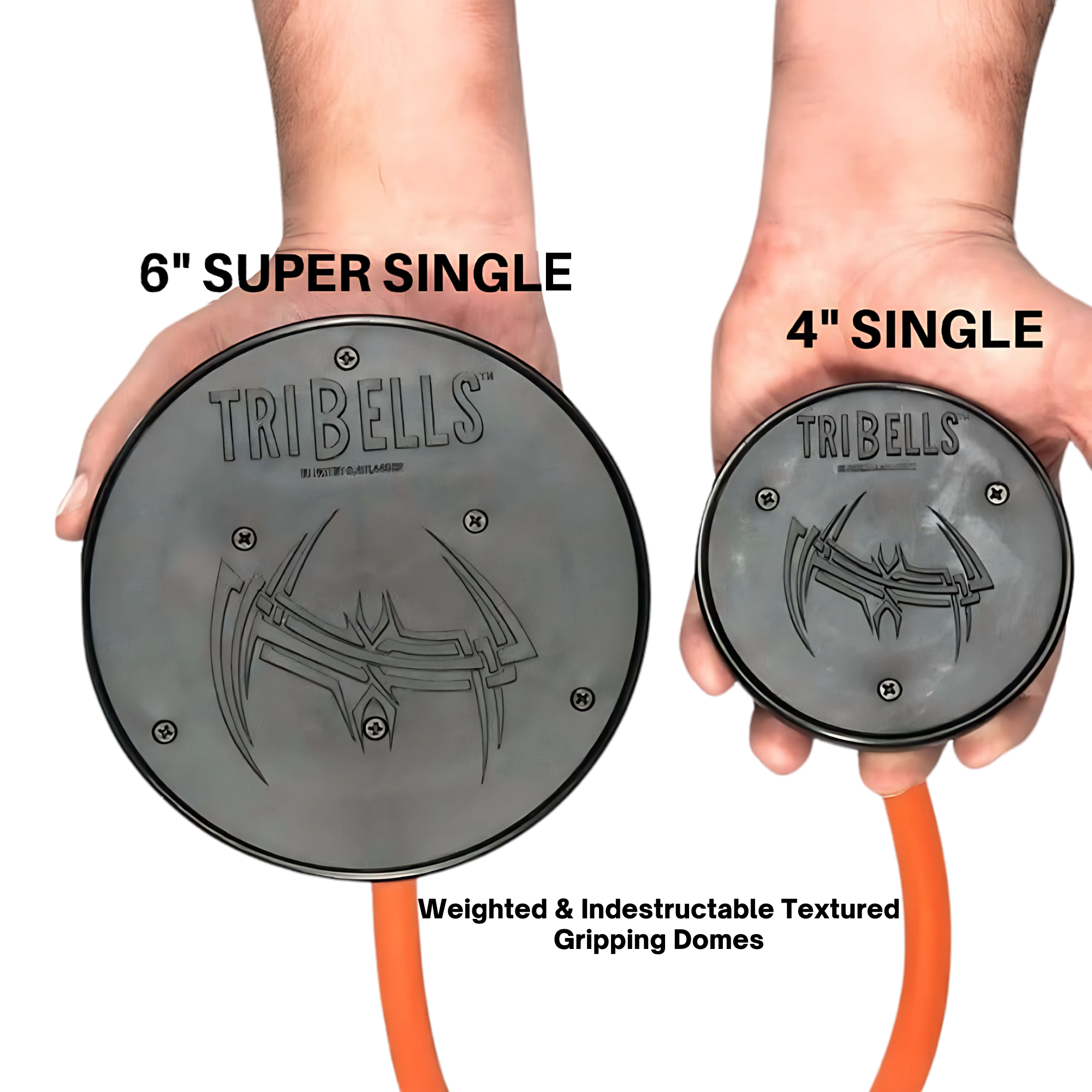 Two hands hold TRIBELLS 'Double Live' Cable Tricep Attachment Grip Domes, labeled “6'' SUPER SINGLE” and “4'' SINGLE,” ideal for triceps press downs and a more effective tricep workout.