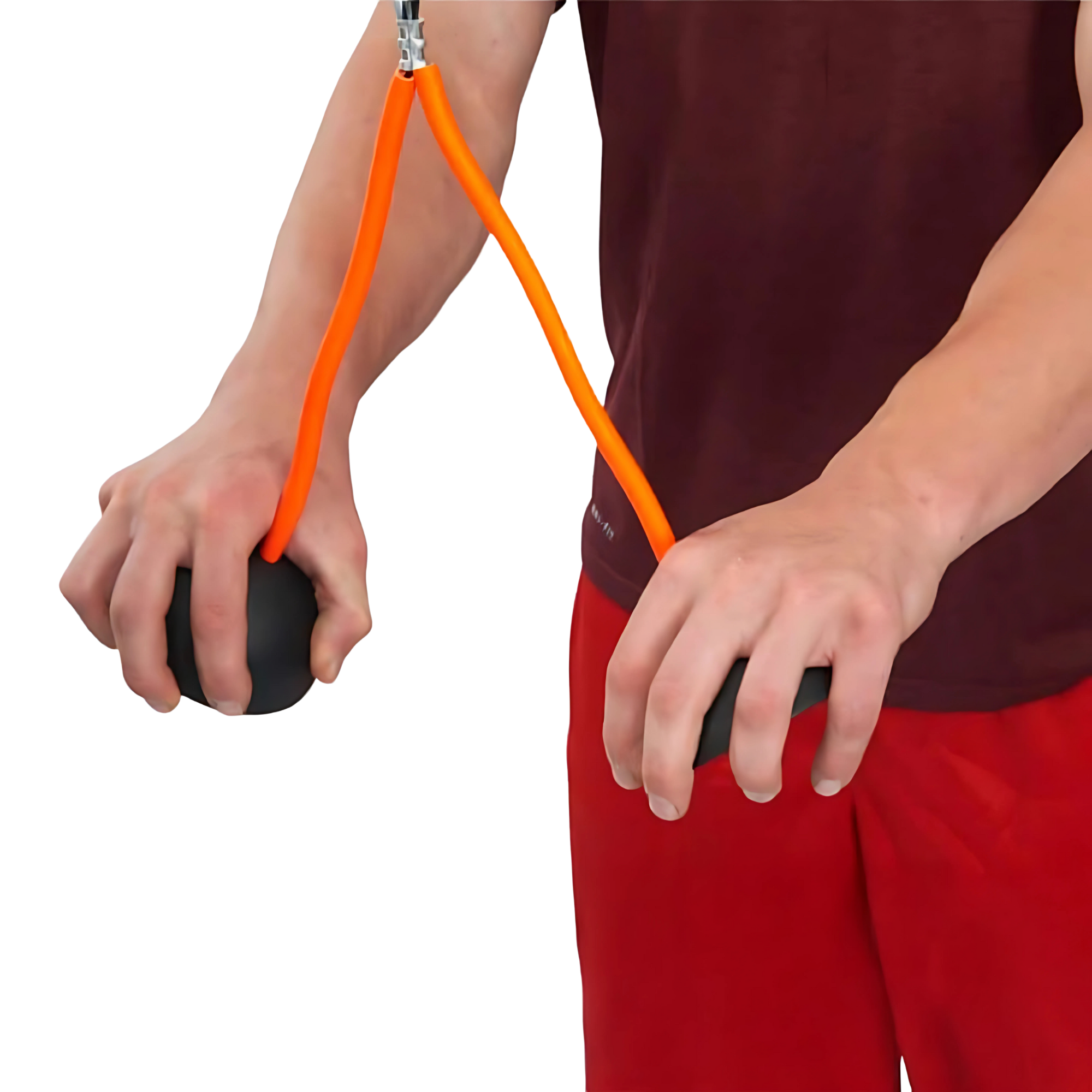 A person performs tricep press downs using the TRIBELLS 'Double Live' Cable Tricep Attachment Grip Domes, pulling the handles downward with both hands.