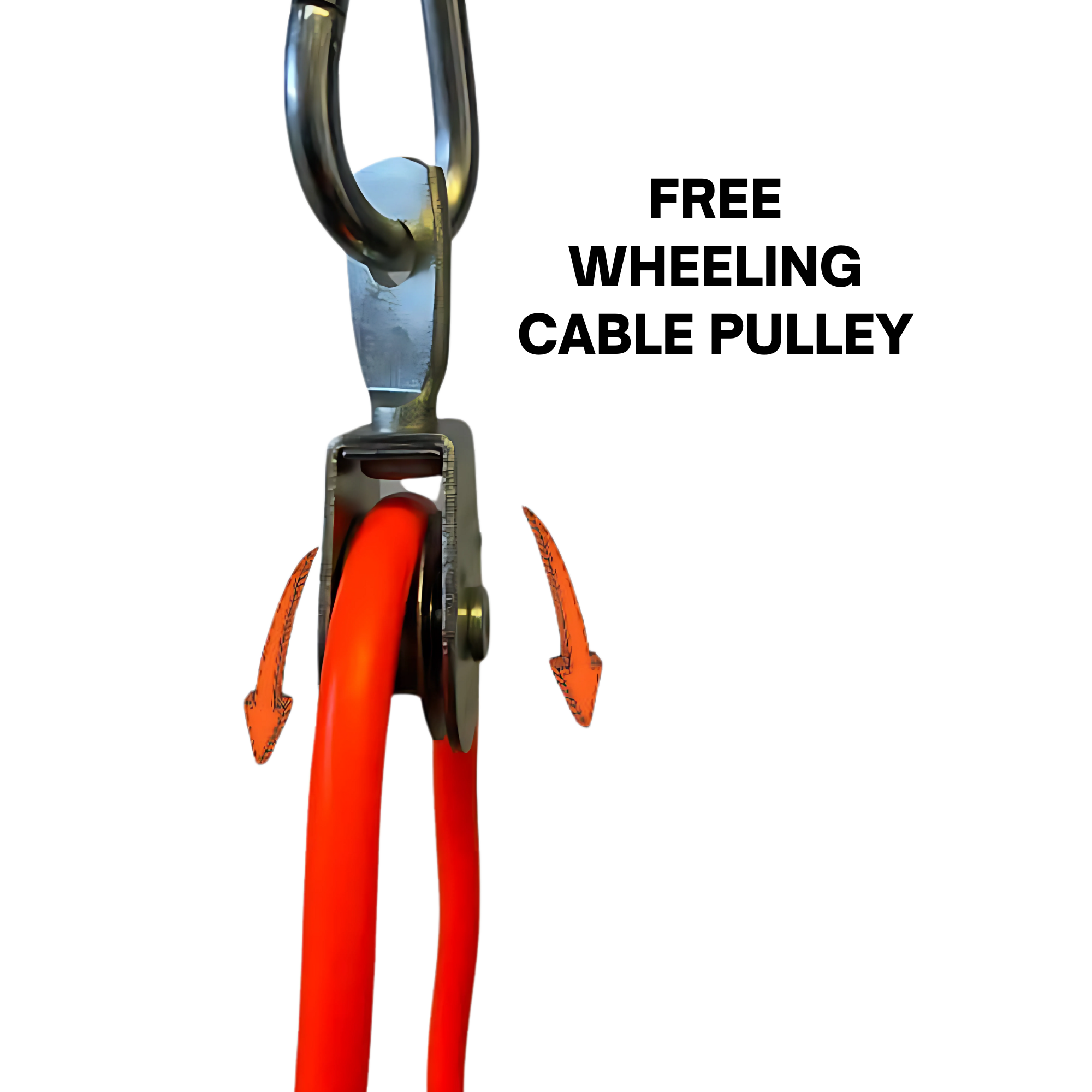 The TRIBELLS 'Double Live' Cable Tricep Attachment Grip Domes feature a triceps extension rope threaded through a metal pulley, with two orange arrows showing rope direction for focused triceps exercises.