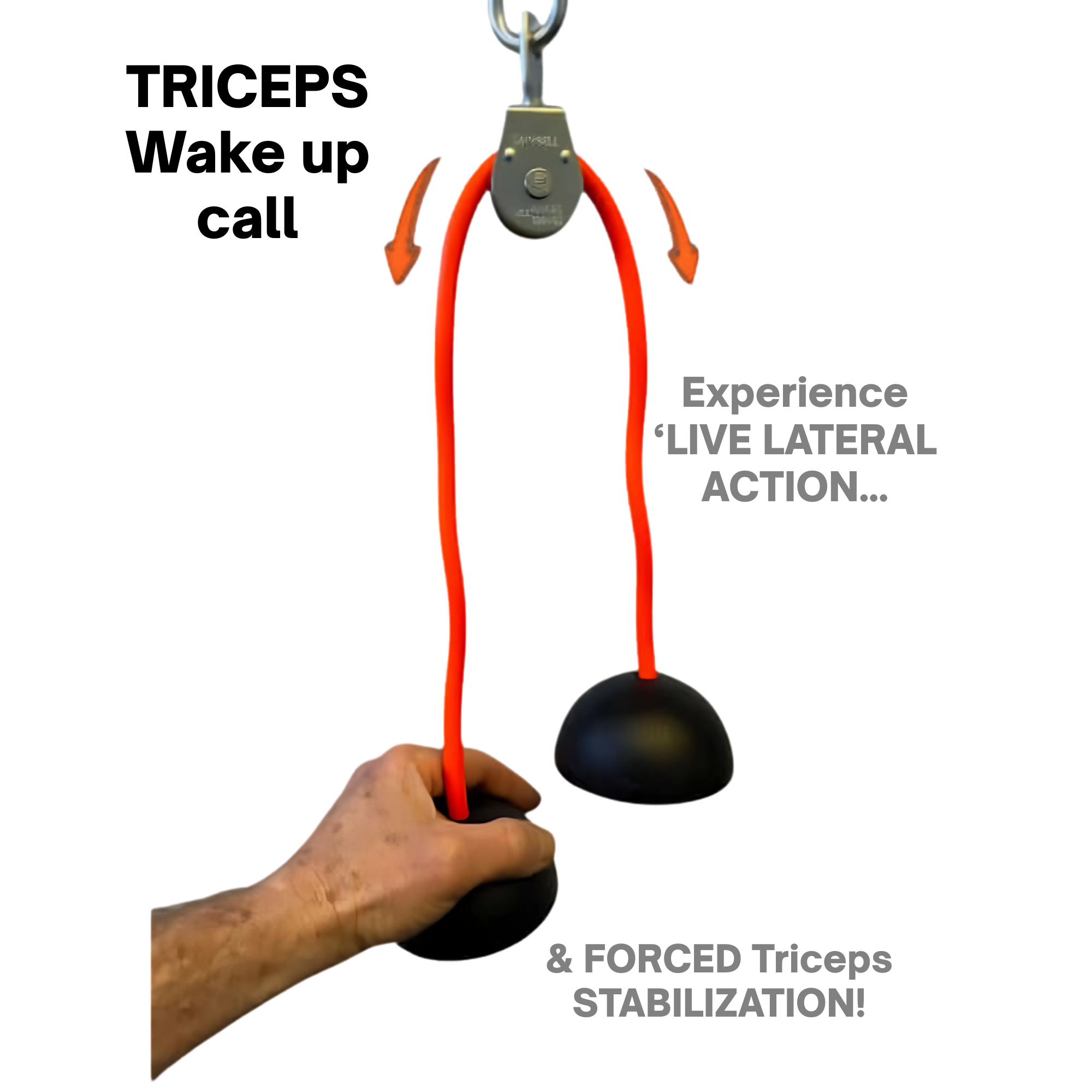 Hand holding TRIBELLS 'Double Live' Cable Tricep Attachment Grip Domes with two orange bands, black grips—highlights triceps stabilization benefits, ideal for Tricep Workouts or Triceps Press Downs.