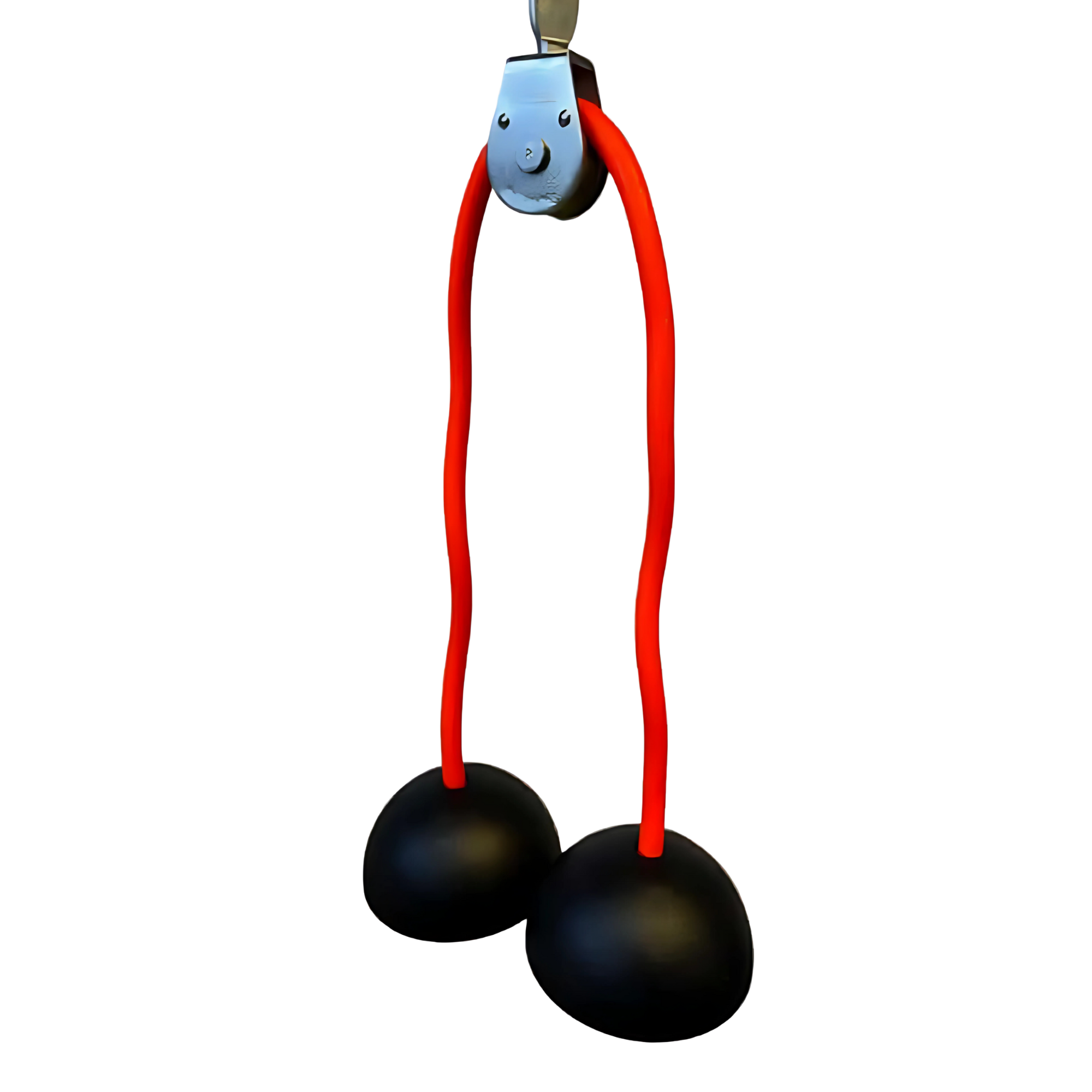 A pair of black TRIBELLS 'Double Live' Cable Tricep Attachment Grip Domes hang by red cords from a metal hook, resembling triceps extension ropes—ideal for an intense tricep workout against a plain background.