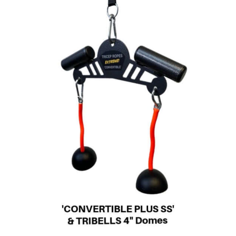 Exercise equipment labeled "TRIBELLS 'Double Wide'," featuring black and orange handles, is ideal for triceps extensions.