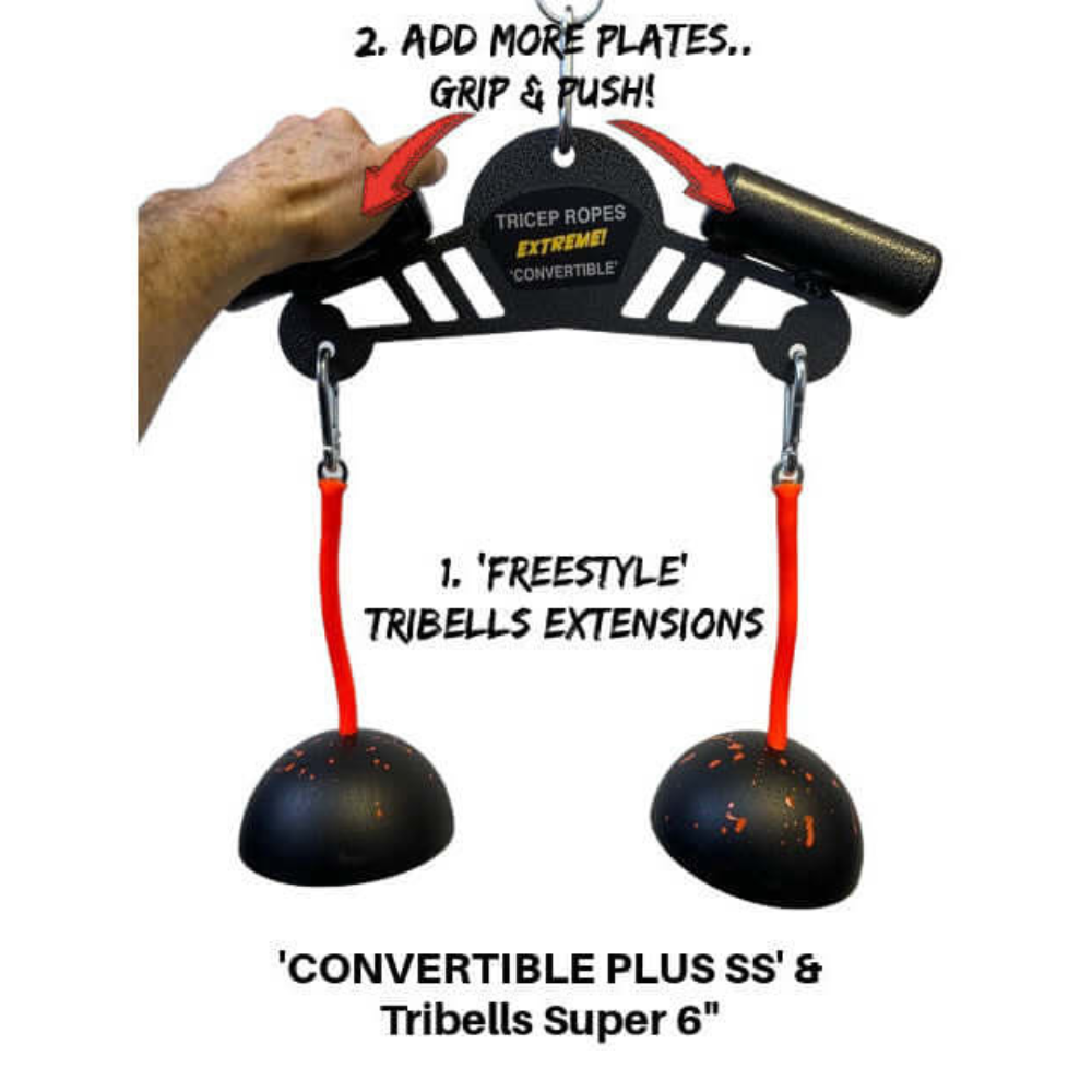 A hand showcases triceps extensions using the TRIBELLS 'Double Wide,' a superior Tricep Rope Workout tool with black grips and Live Wire red cables, featuring clear instructions for optimal use.
