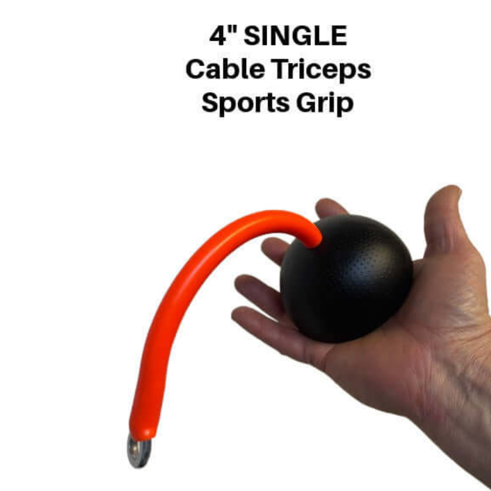 A hand grips the 4-inch TRIBELLS 'Double Wide' triceps sports grip, showcasing an orange handle and black spherical base, ideal for tricep extensions.