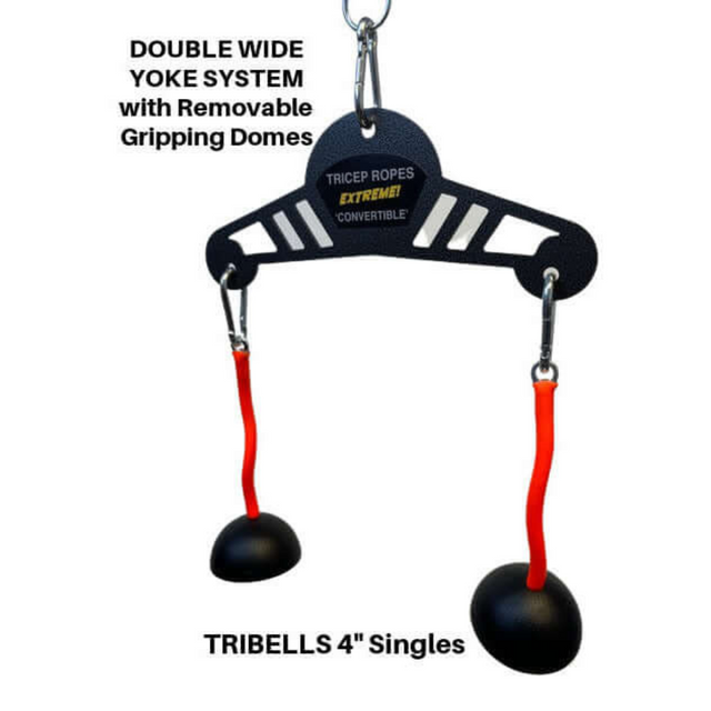 Enhance your triceps extensions with the "TRIBELLS 'Double Wide'," featuring red Live Wire cables and black grips, ideal for a superior tricep workout.
