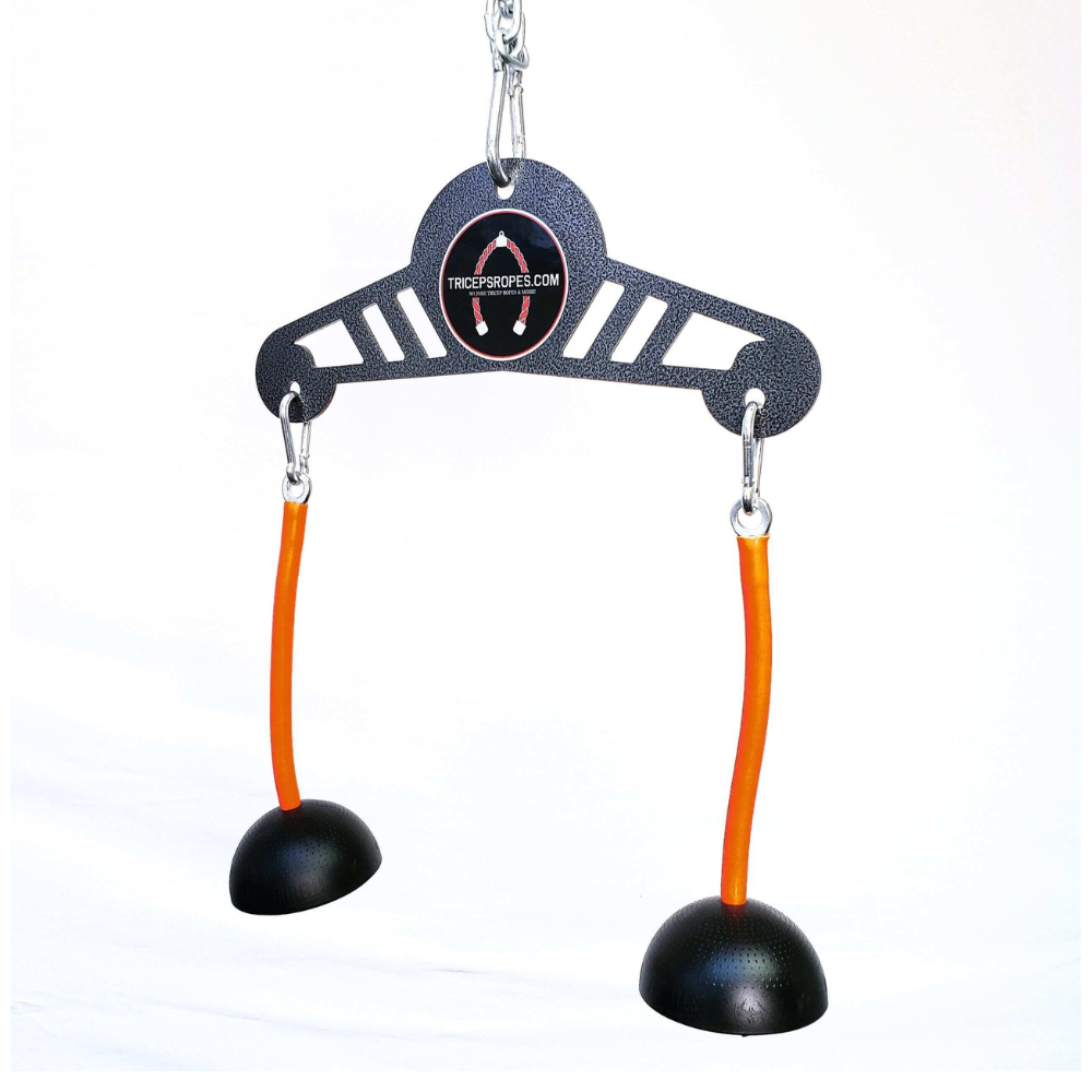 The TRIBELLS 'Double Wide' features a triangular frame and two flexible handles with cups, ideal for efficient triceps extensions.