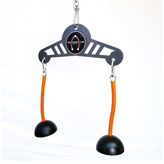 The TRIBELLS 'Double Wide' features a triangular frame and two flexible handles with cups, ideal for efficient triceps extensions.