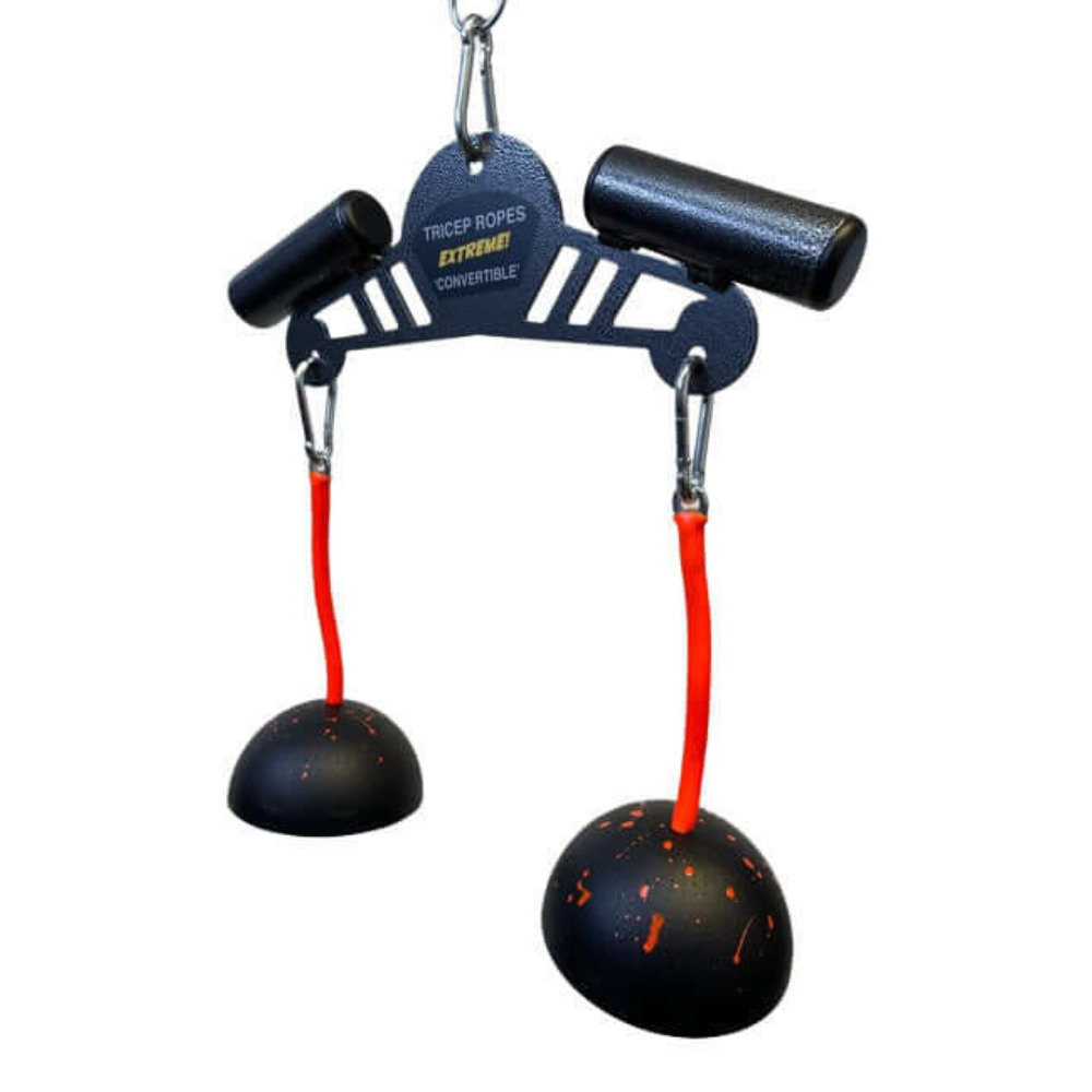 The TRIBELLS 'Double Wide' Tricep Rope Workout features a sturdy metal frame with black and red spheres, providing enhanced triceps extensions and attached handles for versatile exercises.