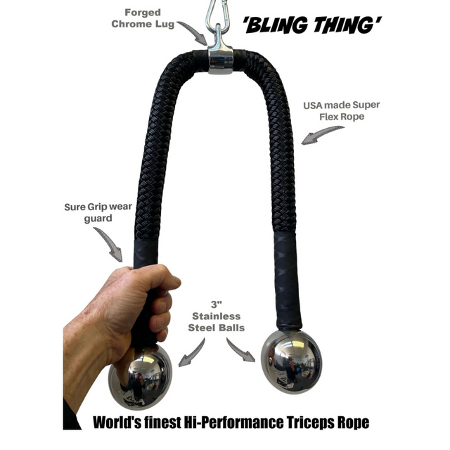 A hand holds the TRICEPS ROPE CABLE Extreme Performance Viper/Twisted Sisters with chrome end balls. It features quality labels and bold "Bling Thing" text, adding flair to any triceps workout.