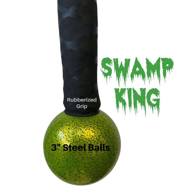 The "SWAMP KING" exercise mace features a green and black design with a rubberized grip and "3 Steel Balls." It's a commercial-grade tool perfect for triceps workouts, offering a robust alternative to the TRICEPS ROPE CABLE Extreme Performance Viper / Twisted Sisters.
