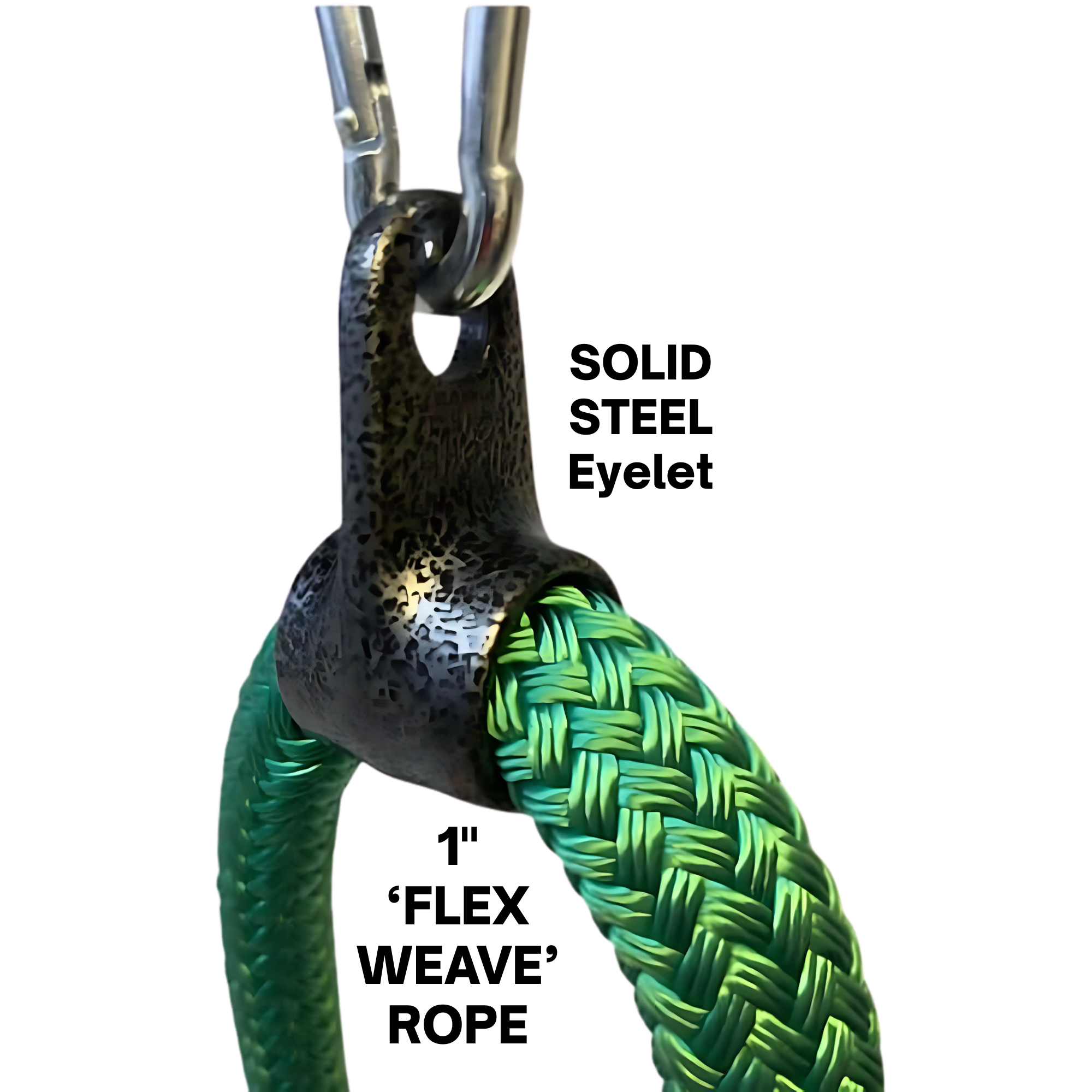 Close-up of a green braided TRICEPS ROPE CABLE Extreme Performance Viper / Twisted Sisters loop, secured by a black metal ring and carabiners.