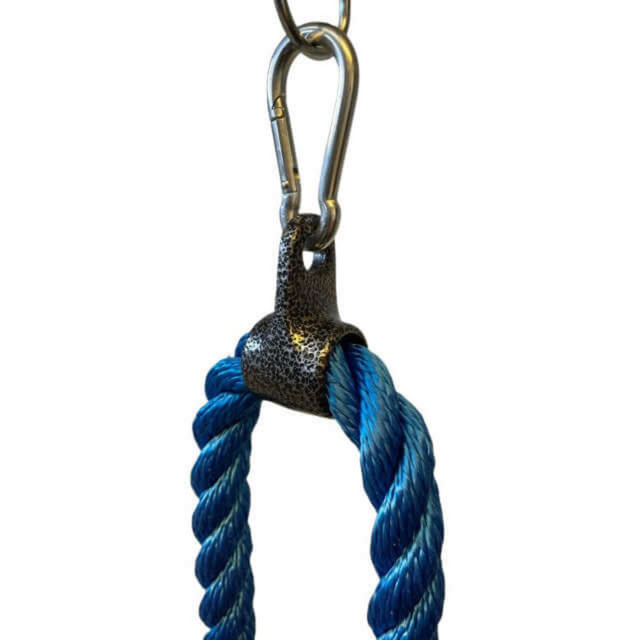 The TRICEPS ROPE CABLE Extreme Performance Viper/Twisted Sisters, a commercial-grade blue braided rope with a metal clasp and carabiner, is perfect for triceps workouts, isolated on a white background.