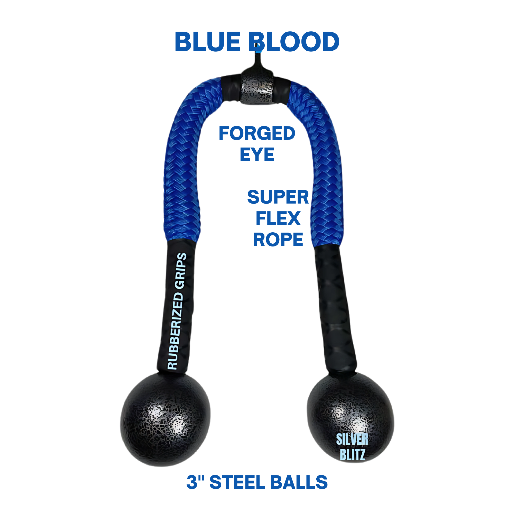 TRICEPS ROPE CABLE Extreme Performance Viper / Twisted Sisters features a blue rope with rubber grips and two black steel balls labeled “Blue Blood” and “Silver Blitz,” shown on a black background.