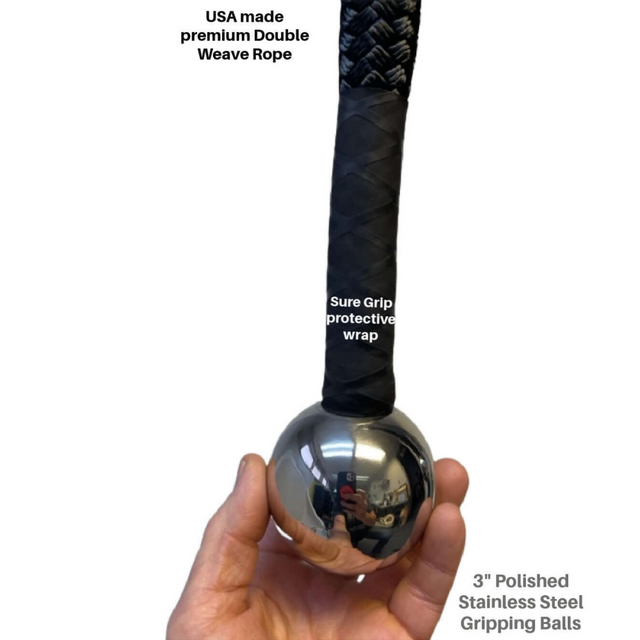 A hand holds a polished steel ball connected to the durable TRICEPS ROPE CABLE Extreme Performance Viper / Twisted Sisters, featuring commercial-grade black rope and labels highlighting its triceps workout benefits.