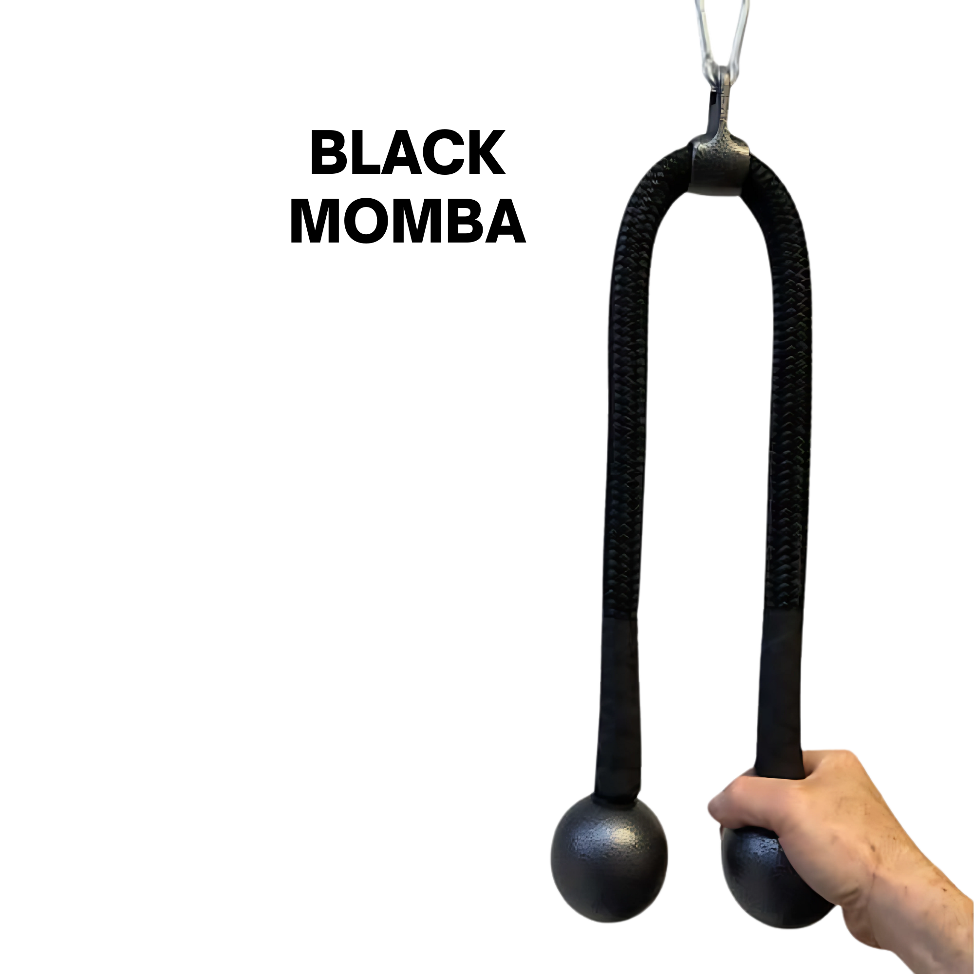 A hand holds the TRICEPS ROPE CABLE Extreme Performance Viper / Twisted Sisters, a USA-made triceps rope with two weighted balls at the ends, against a black background.