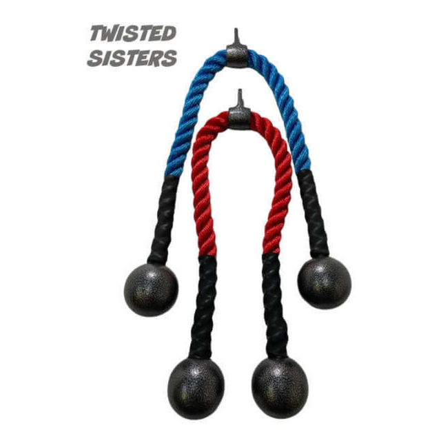 The TRICEPS ROPE CABLE Extreme Performance Viper, known as Twisted Sisters, features a red and blue rope with black end spheres, offering a dynamic triceps workout. These commercial-grade climbing grips are ideal for boosting your upper body strength routine.