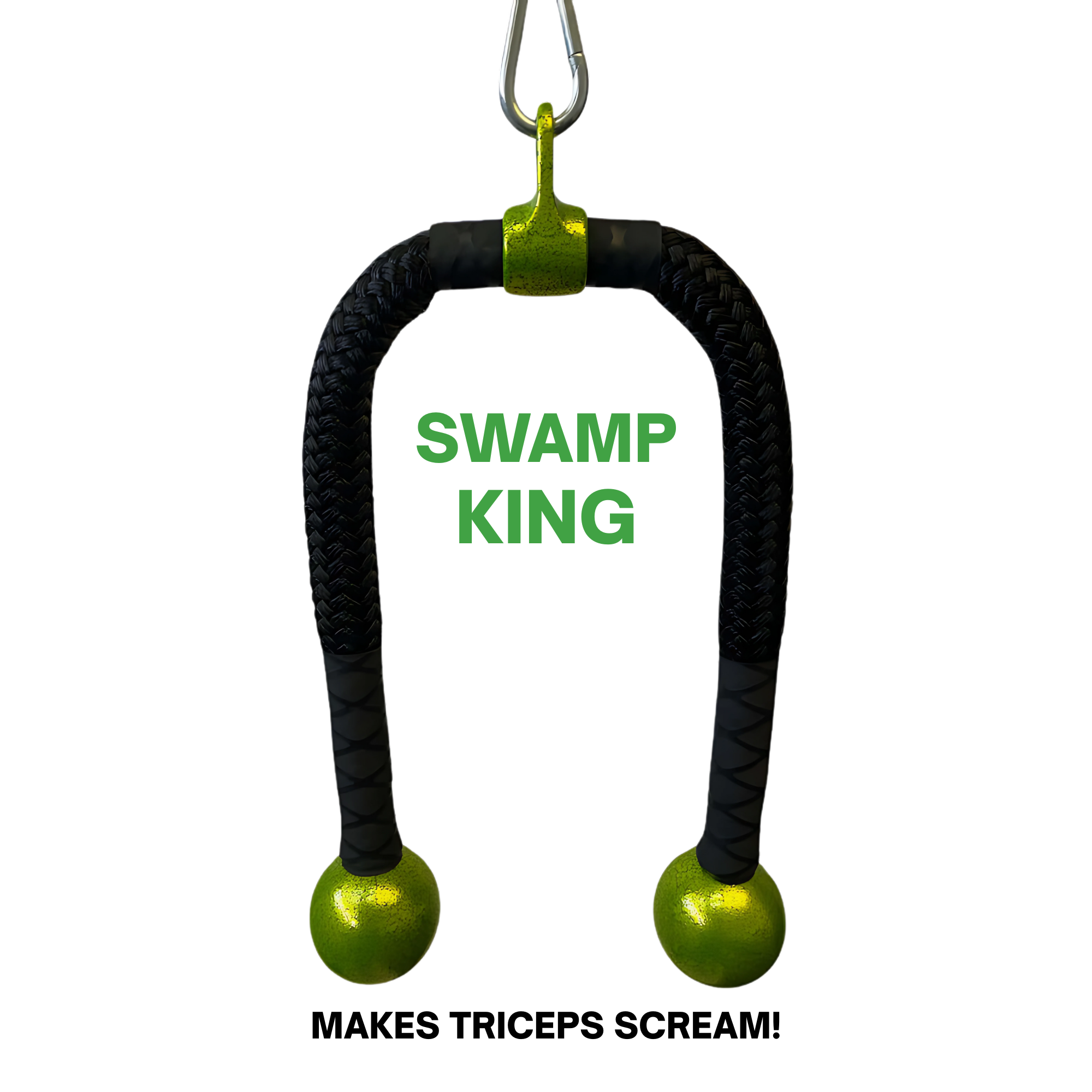 The HOG LEGS Wicked 'Piglet' Tricep Gym Bar COMBO features a 1-3/4" FAT GRIP handle and a 36" VIPER TRICEP ROPE, designed for triceps workouts with distinctive black and green "SWAMP KING" branding and round ends, hanging from a hook.
