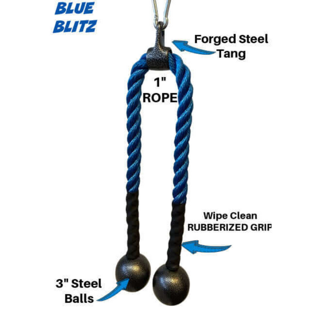 The TRICEPS ROPE CABLE Extreme Performance Viper / Twisted Sisters features steel balls and rubberized grips, providing a secure and effective triceps workout with its durable tang, rope, and steel ball construction.