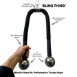 A hand holds the TRICEPS ROPE CABLE Extreme Performance Viper / Twisted Sisters, made in the USA with chrome balls and metal hardware, highlighting its key features for extreme performance.