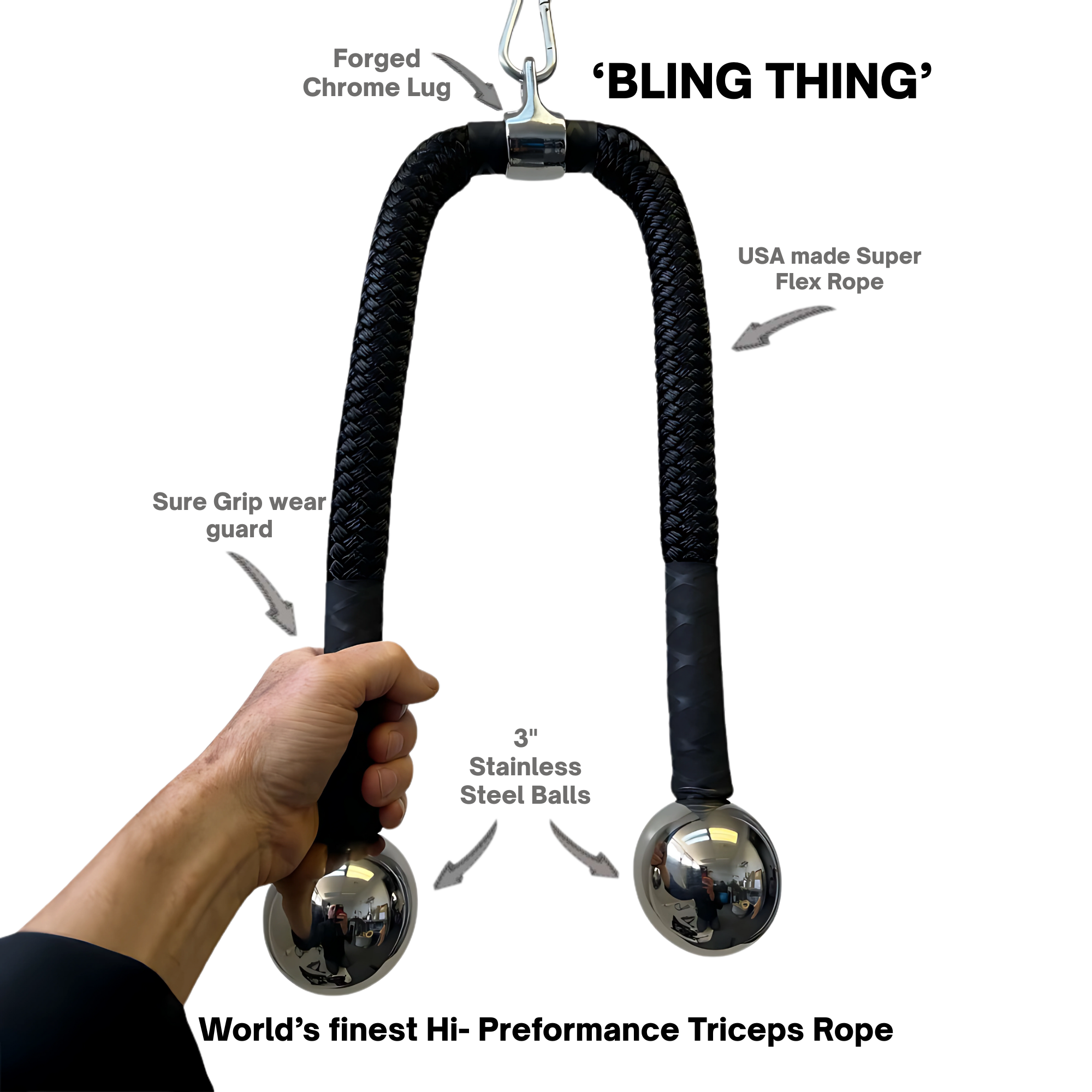 A hand holds the TRICEPS ROPE CABLE Extreme Performance Viper / Twisted Sisters, made in the USA with chrome balls and metal hardware, highlighting its key features for extreme performance.