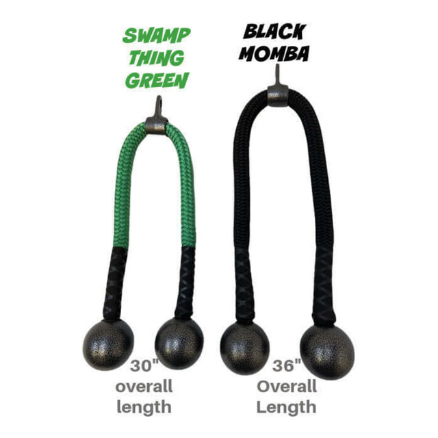 Introducing two commercial-grade tools: "Swamp Thing Green" 30" and "Black Momba" 36," under the TRICEPS ROPE CABLE Extreme Performance Viper/Twisted Sisters line, both designed for intense triceps workouts. Perfect for boosting strength and endurance with weighted ends.