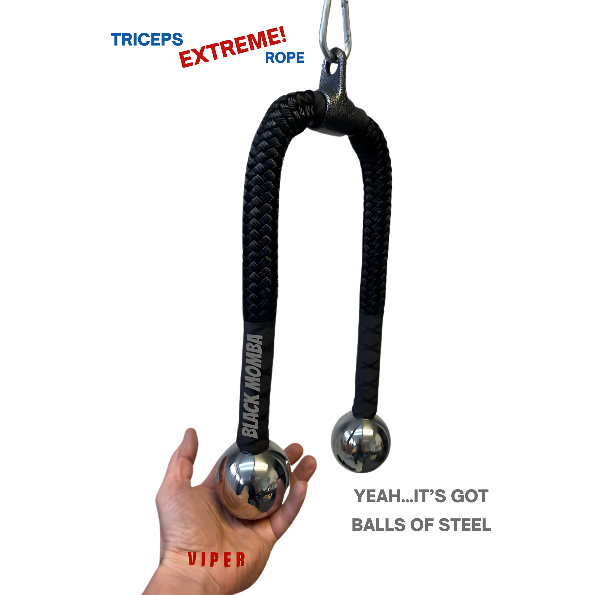 A hand grips the TRICEPS ROPE CABLE Extreme Performance Viper / Twisted Sisters, a black braided rope with steel ball ends designed for top performance.