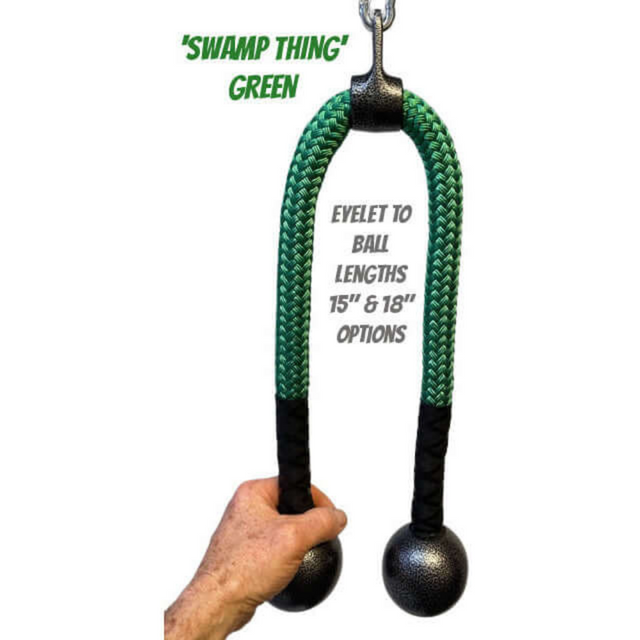 A hand holds the TRICEPS ROPE CABLE Extreme Performance Viper, a commercial-grade green braided rope for triceps workouts. With weighted ends labeled "Swamp Thing," it's available in 15" and 18" lengths.