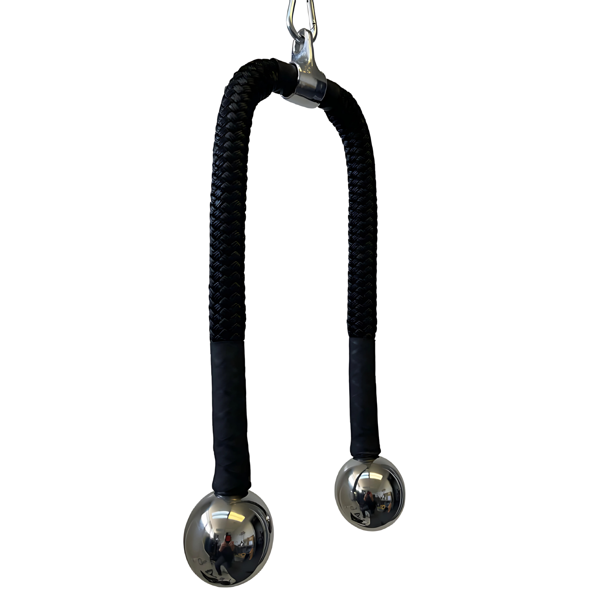 The TRICEPS ROPE CABLE Extreme Performance Viper / Twisted Sisters features a black braided design with two metal balls at the ends, built for top performance on exercise or fitness equipment.